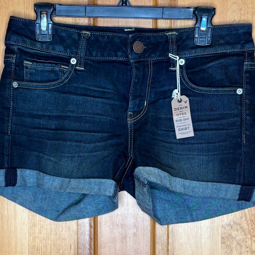 American Eagle Outfitters Women's NWT Midi Stretch Dark Wash Denim Shorts - Picture 2 of 16